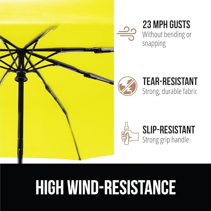 GORILLA GRIP Strong Windproof Stick Compact Umbrella for Rain, One-Click Automatic Open and Close, Durable Quick Dry Waterproof Material, Lightweight and Portable, Travel Size Fits Backpack, Yellow
