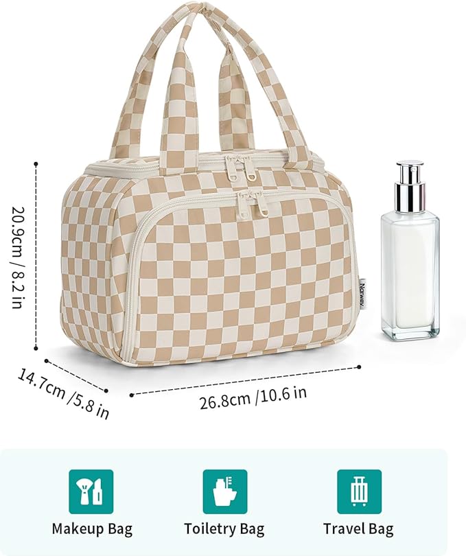 Narwey Checkered Travel Toiletry Bag for Women Large Makeup Bag, Wide-open Cosmetic Make Up Organizer with Handle, Travel Bag for Toiletries, Essentials, Accessories (Light Brown Checkerboard)
