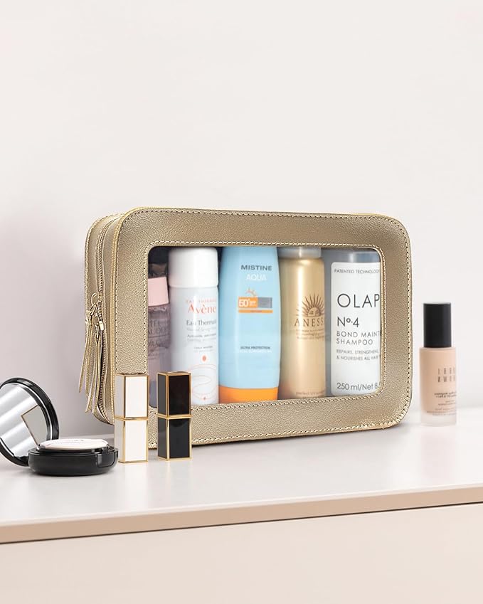 LETGO Clear Makeup Bags, TSA Approved Toiletry Bag with Zipper, Small Makeup Organizer Fit Carry-on Travel Essentials,Portable Travel Clear Cosmetic Bags Pouch for Women Men (Golden)
