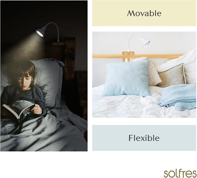 Patented Innovative Design Headboard Reading Light. No Drilling Golden Book Light for Bedtime Reading. Dimmable LED Book Reading Lamp with Bulb. Movable & Flexible, White