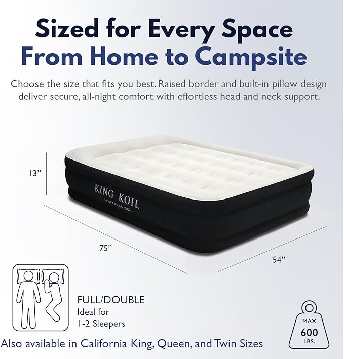King Koil Full Size Plush Pillow Top Inflatable Air Mattress with Built-in Pump High-Speed Pump for Home, Camping, Guests, Luxury Double High Adjustable Blow Up Bed, Waterproof, 1-Year Warranty.