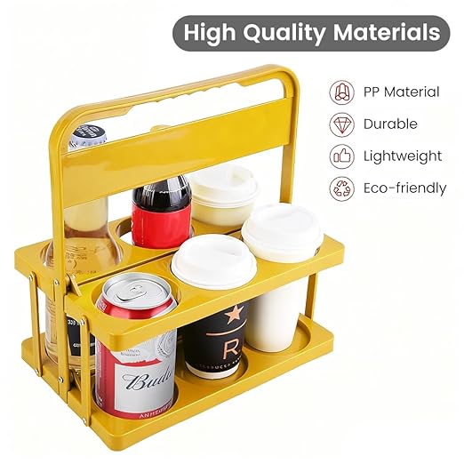Bodaon 6 Cup Drink Carrier with Handle, Plastic Cup Holders for Take Out Delivery Drivers, Reusable Foldable Car Drink Caddy, Leakproof Food Delivery Accessories, 360° Secure Grip, Yellow