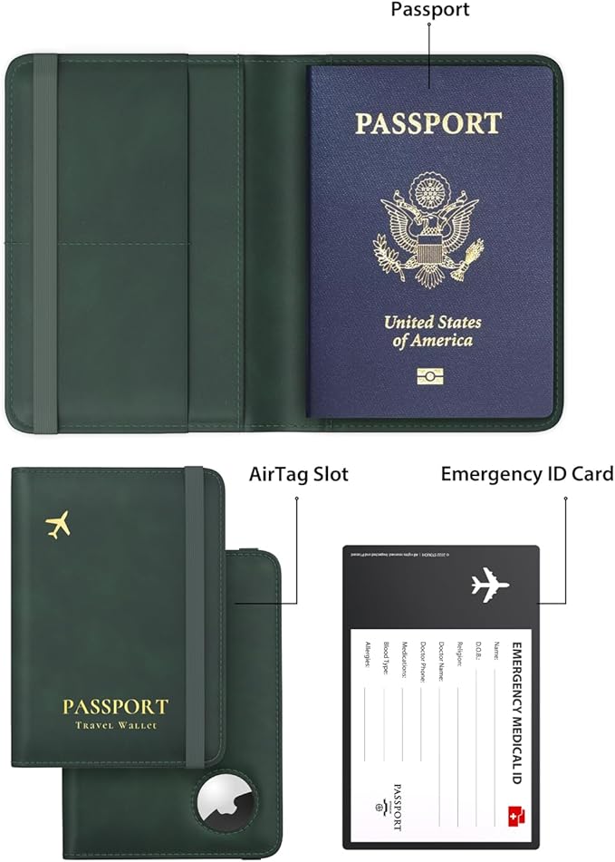 Stouchi Passport Holder with Airtag Slot, Airtag Passport Wallet for Men, Slim Leather Passport Holder Case Family for Travel Anti-Lost, Green