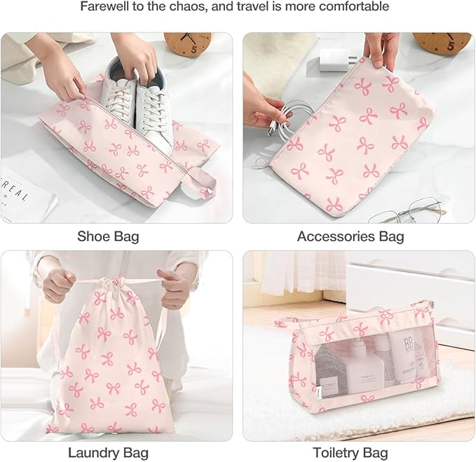 8 Set Packing Cubes for Suitcases,Suitcase Organizer with Shoe,Cosmetics,Clothing, and Accessories Bags for Travel Luggage Organizer Women Men(Pink Bows)
