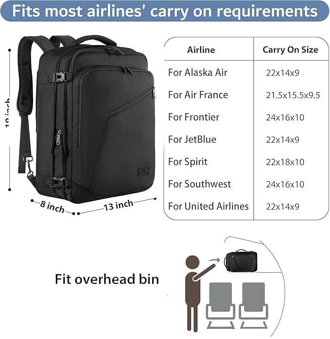 MATEIN Carry on Backpack, Extra Large Travel Backpack Expandable Airplane Approved Weekender Bag for Men and Women, Water Resistant Lightweight Daypack for Flight 40L, Black
