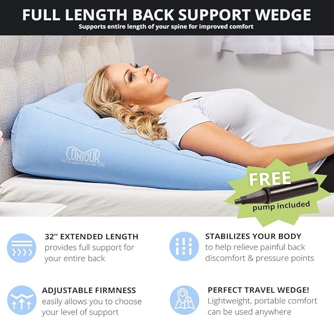 Contour Inflatable Back Support Relief Bed Wedge Cushion - Extended Length, Gradual Incline Wedge, (32 x 24 x 7) (Pack of 2)
