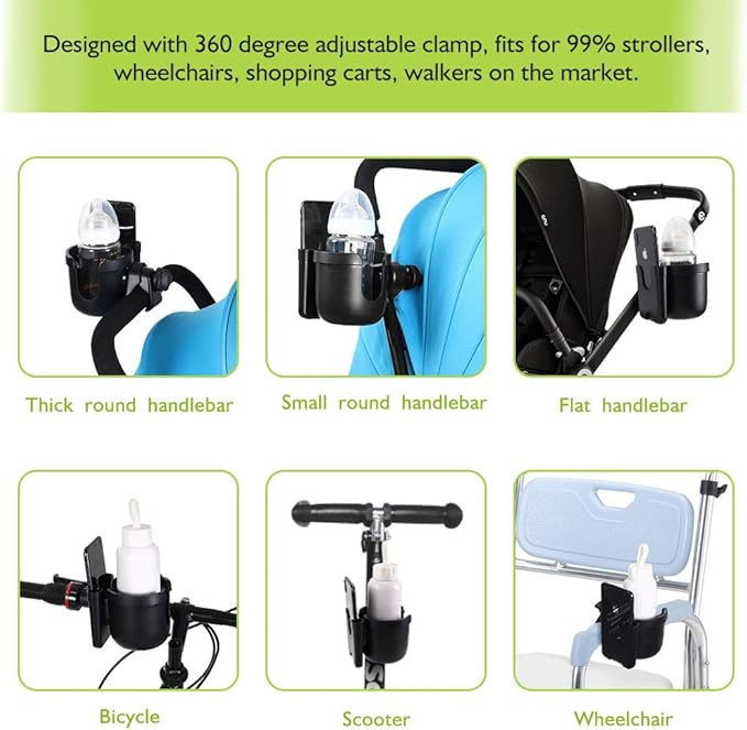 Accmor Stroller Cup Holder with Hook, Bike Cup Holder, Universal Cup Holder for Uppababy Nuna Doona Strollers, 2-in-1 Cup Phone Holder for Stroller Bike Wheelchair Walker Accessory