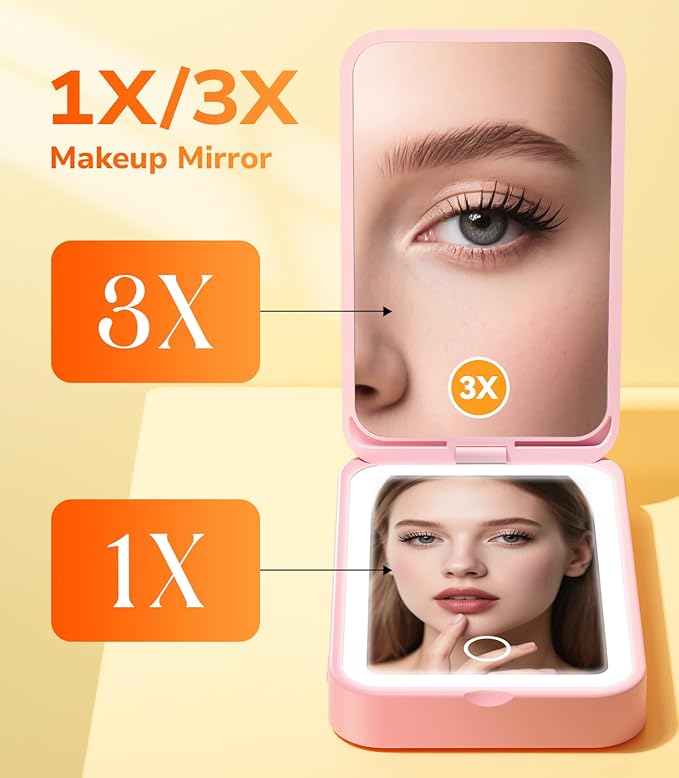 Gospire 2-in-1 Travel Mirror with Light and 3000mAh Magnetic Power Bank for iPhone 16/15/14/13/12 Series Only, Compact Mirror for Purses, 3 Color Lights and 3X/1X Magnification - Pink