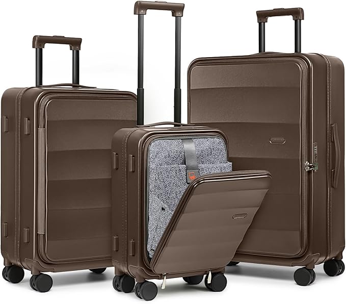 Joyway Luggage Set 3 Piece Top Opening Suitcase Set with Spinner Wheel and TSA Lock, PC Hard Shell Carry on Luggage with Front Pocket for Woman Men (Coffee)