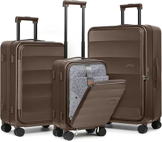 Joyway Luggage Set 3 Piece Top Opening Suitcase Set with Spinner Wheel and TSA Lock, PC Hard Shell Carry on Luggage with Front Pocket for Woman Men (Coffee)