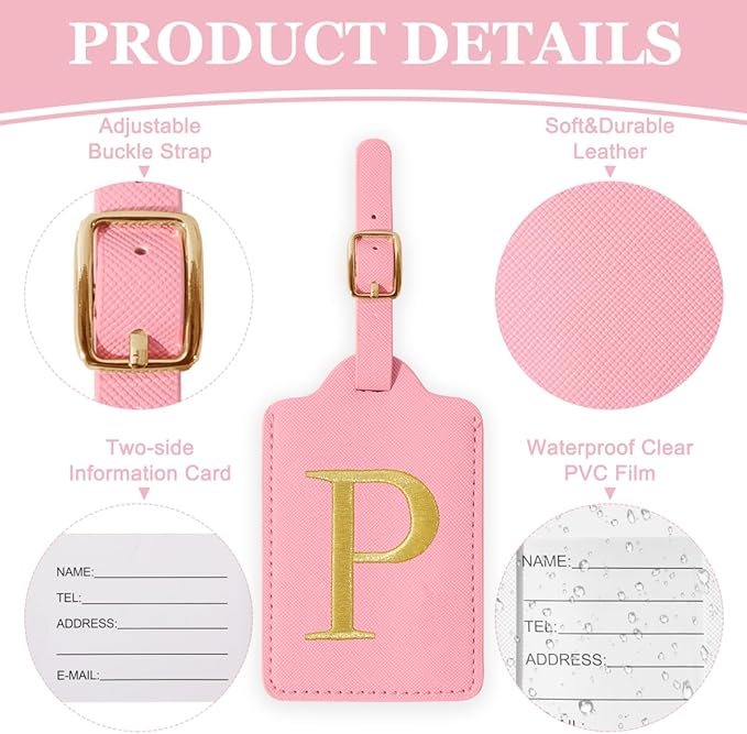 Personalized Initial Luggage Tags for Suitcases,Leather Letter Cute Luggage Tags with Privacy Name Card,Embroidered Monogrammed Travel Bag Backpack Tag Gifts for Women Kids Girls Teens(Pink-P)