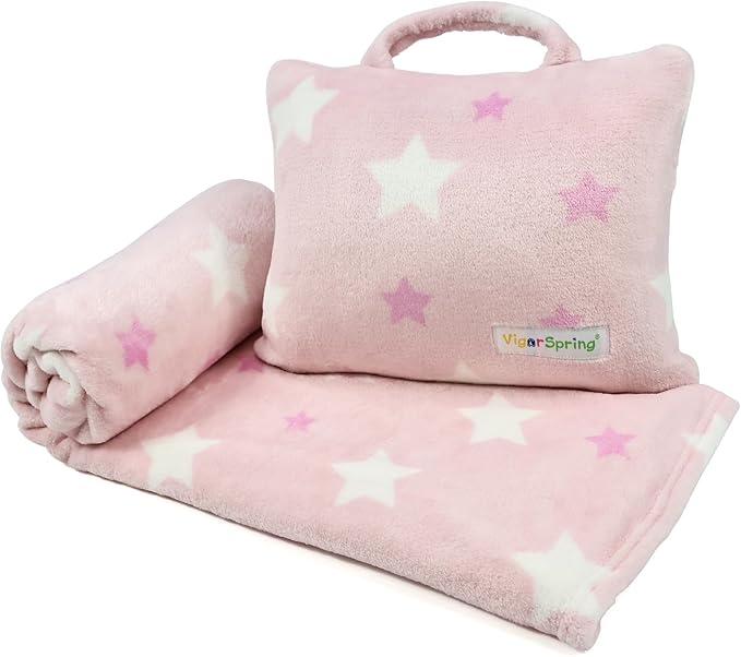 3-in-1 Kids Travel Blanket and Pillow Set - 40x60 Inches Soft Pink Star Design,Kids Travel Blanket Airplane Compact with Bag, Potable Pillow Blanket for Travel Airplane Train Bed Office