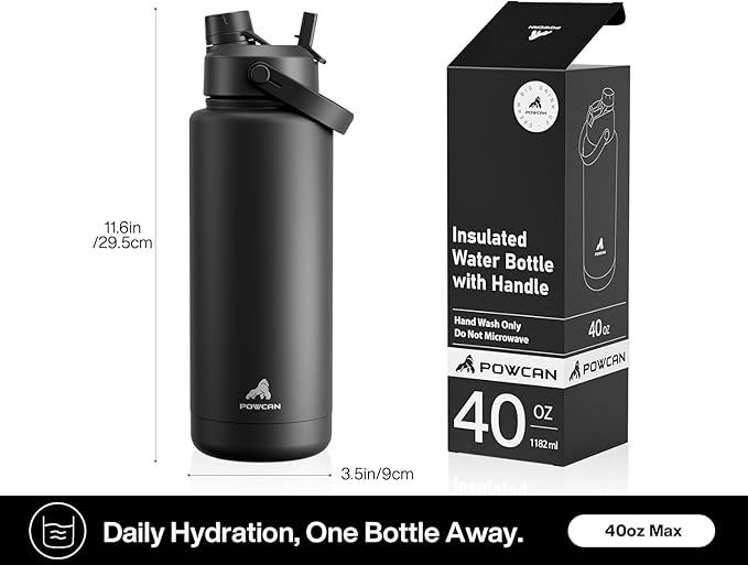 POWCAN 40 oz Insulated Water Bottle with 2-in-1 Straw and Spout Lid, Keep Cold 24H, Leak-Proof, BPA-Free, Double Wall Stainless Steel Water Bottle for Sports, Gym, Travel, and School (Dark Knight)