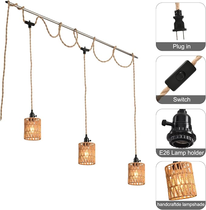 3-Light Hanging Light with Plug in Cord,Plug in Pendant Light 22ft Hemp Rope Pendant Lighting Vintage 3-Light Hanging Lamp Fixtures for Kitchen Island Living Room Bedroom
