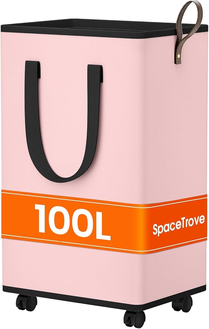 Laundry Basket with Wheels, Collapsible Laundry Baskets, Laundry Hamper with Handles Detachable Wheels, Rolling Laundry Basket, Dirty Clothes Hamper for Bathroom, Dorm, Bedroom, Pink, 100L