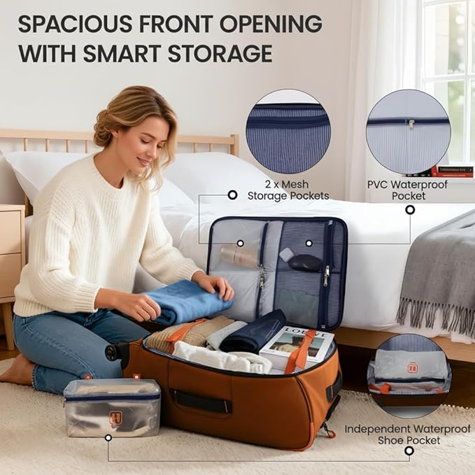 2-Piece Set（22in/30in） Front Opening,Softside Luggage Sets w/Double Spinner Wheels Suitcase,Waterproof,Lightweight Travel Luggage Rolling Suitcase（Orange,22in/30in）