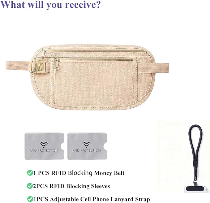 Money Belt for Travel with Anti-Theft RFID Blocking Cards Cover, Phone Wrist Strap, Passport Holder, Slim Waist Wallet Men Women, Money Pouch under Clothes for Travel, Running, Hiking, Beige