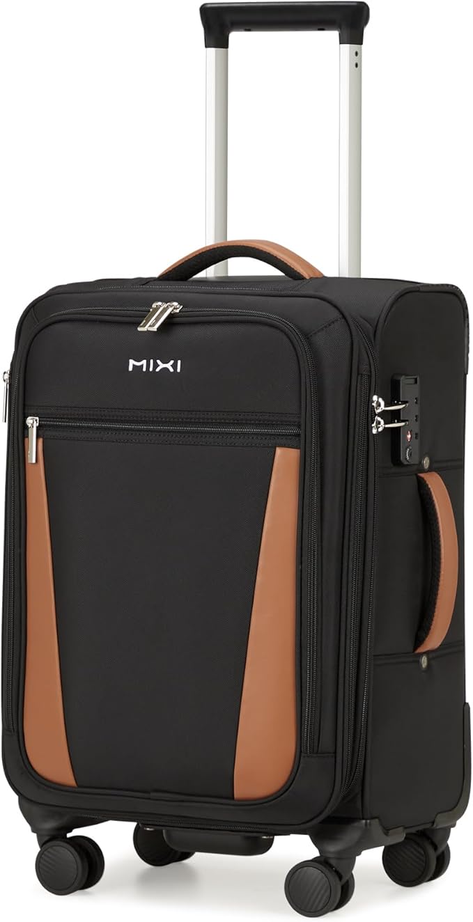 mixi Carry On Luggage 20 Inch Softside Expandable Suitcase with Front Pocket, 22x14x9 Airline Approved Rolling Lightweight Travel Suitcases with Wheels & TSA (Black)