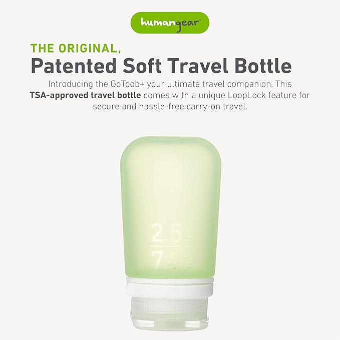 humangear GoToob+ (Medium) | Refillable Silicone Travel Bottle | Locking Lid | Food-Safe Material | Green, Medium (2.5 fl.oz.; 74ml)