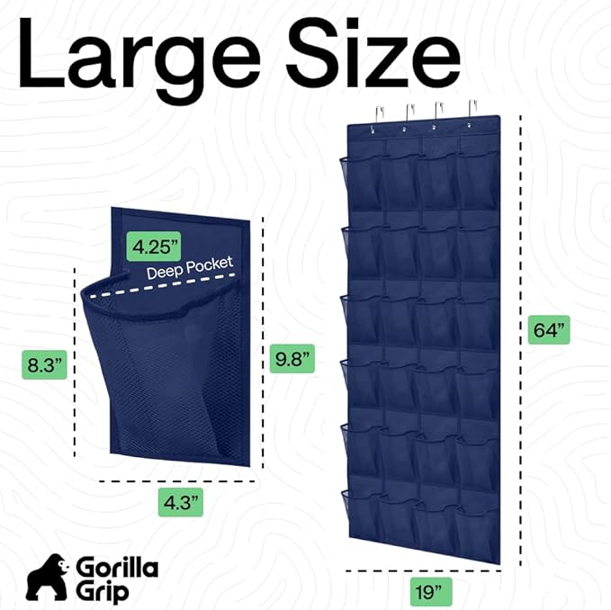 GORILLA GRIP Over the Door Shoe Organizer, 24 Large Breathable Mesh Pockets, Space Saving Hanging Storage Holder, Closet Rack Hanger Holds Up to 40 lbs, Hangs on Closets for Shoes, Accessories, Navy