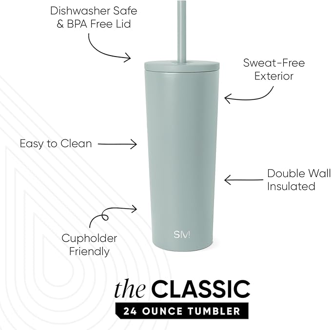 Simple Modern Classic Tumbler with Straw Lid | Insulated Iced Coffee Cup Reusable Stainless Steel Water Bottle Travel Mug | Gifts for Women Men Her Him | 24oz | Sea Glass Sage
