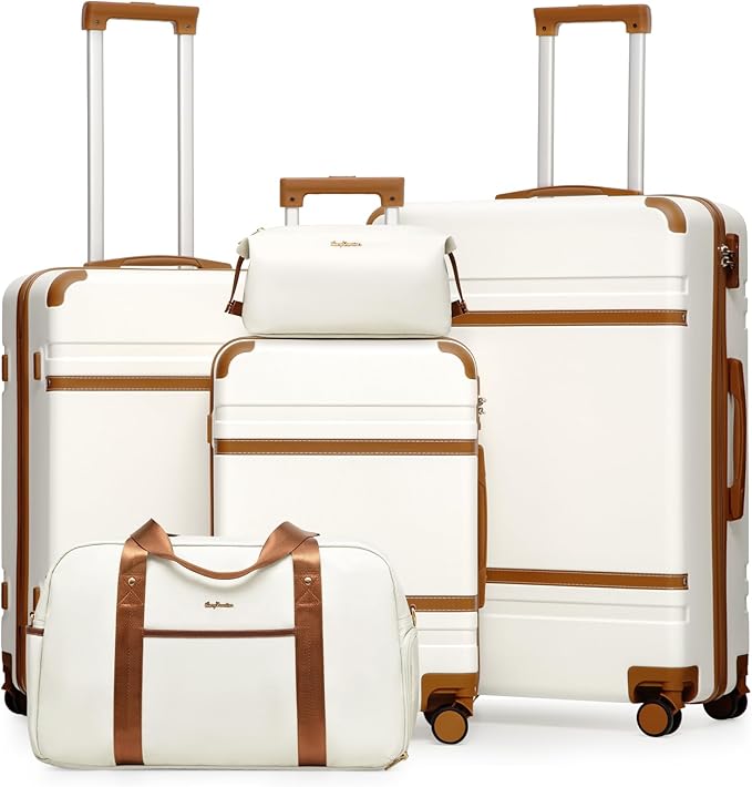 LONG VACATION Luggage Sets 5 Piece, Suitcases With Wheels, PC+ABS Hardshell Luggage Set with Spinner Wheels, TSA Lock (White Brown)