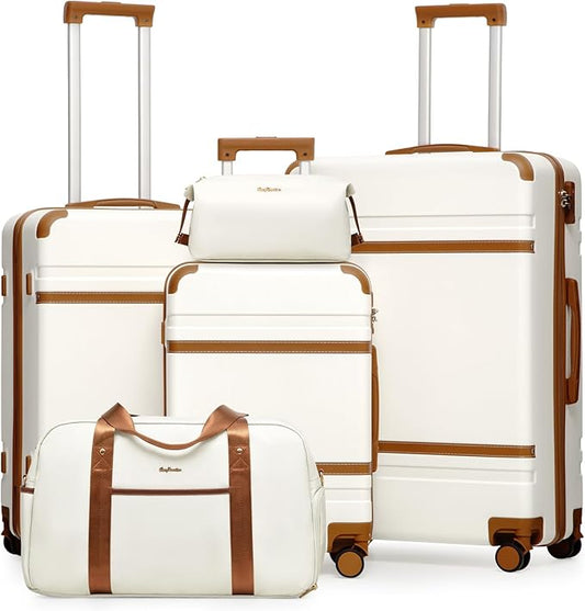 LONG VACATION Luggage Sets 5 Piece, Suitcases With Wheels, PC+ABS Hardshell Luggage Set with Spinner Wheels, TSA Lock (White Brown)