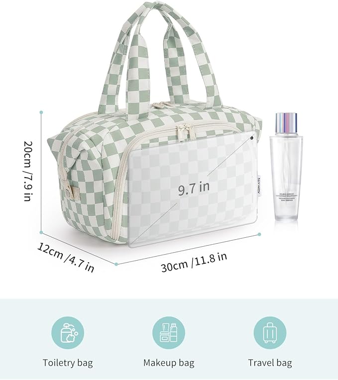 Narwey Travel Toiletry Bag for Women, Checkered Large Makeup Bag, Wide Open Cosmetic Make Up Organizer with Handle, Wet Pocket for Towel, Travel Bag for Toiletries, Brushes, Essentials (Green Checker)