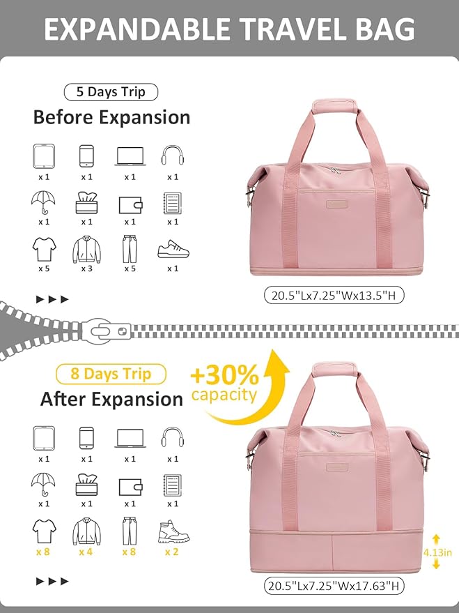 Expandable Travel Duffle Bags Weekender Overnight Bags for Women Men Hospital Bag for Women Labor Delivery with Toiletry Bag Waterproof