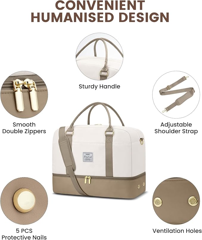 Weekender Travel Duffle Bag for Women: Overnight Bags with Shoe Compartment Carry on Bags for Airplanes with Toiletry Bag Yoga Gym Bag with Wet Pocket Travel Duffel Tote Bag Hospital Bag Khaki Beige