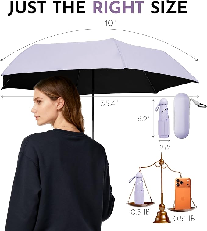 Travel Mini Umbrella Compact Small & Lightweight, UV Rain Protection, Pocket-Sized Folding Umbrellas with Quickdraw & Case for Men Women & Kids Backpack