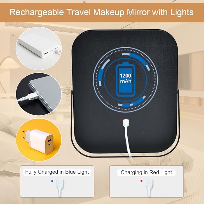 YEKKOPT Lighted Vanity Mirror, Rechargeable Travel Makeup Mirror with Lights, 10''x8'' Desk Mirror with Lights,Make up Mirror with Lighting for Makeup Desk ＆ Dressing Room