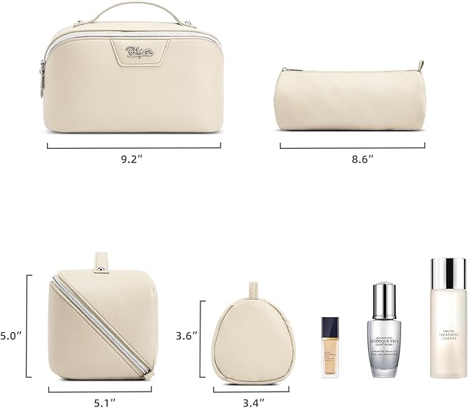 BOYATU Travel Makeup Bag Cosmetic Bags for Women: Large Capacity 3 Pcs Set Make up Bag with Compartments - Waterproof Vegan Leather Toiletry Organizer Bags with Handle (L27Off-white)