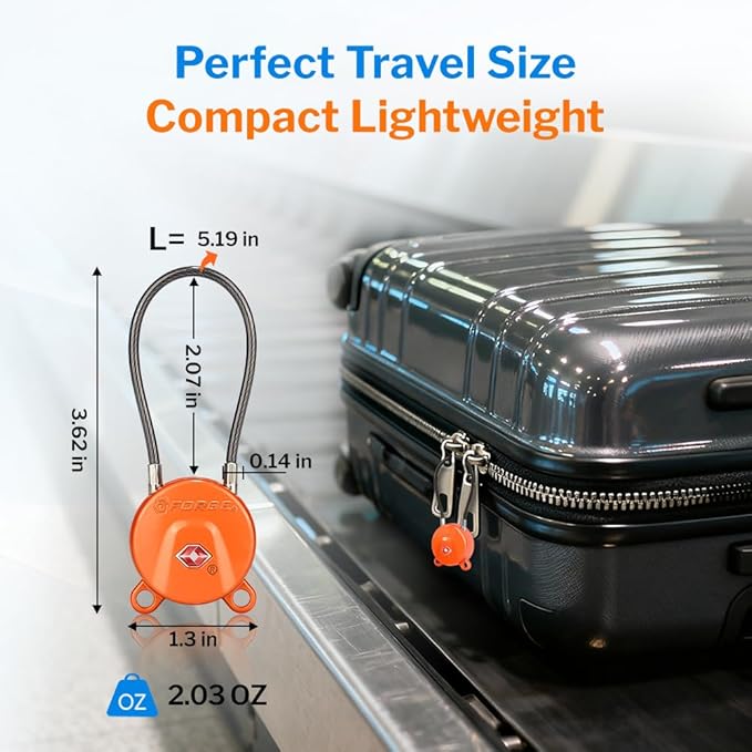 Forge TSA Approved Luggage Locks Ultra-Secure Dimple Key Travel Cable Locks with Zinc Alloy Body- 4 Locks, Black, Blue, red, Green.