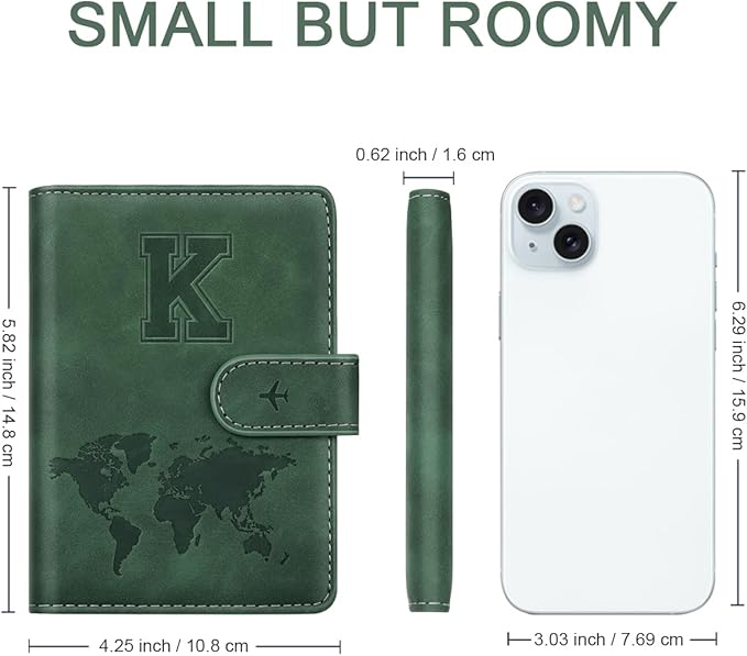 Personalized K Passport Holder Cover Initial Letter Travel Wallet RFID Blocking Passport Cover Credit Card Holder Case Passport Book Holders for Women and Men, Pine Green-K