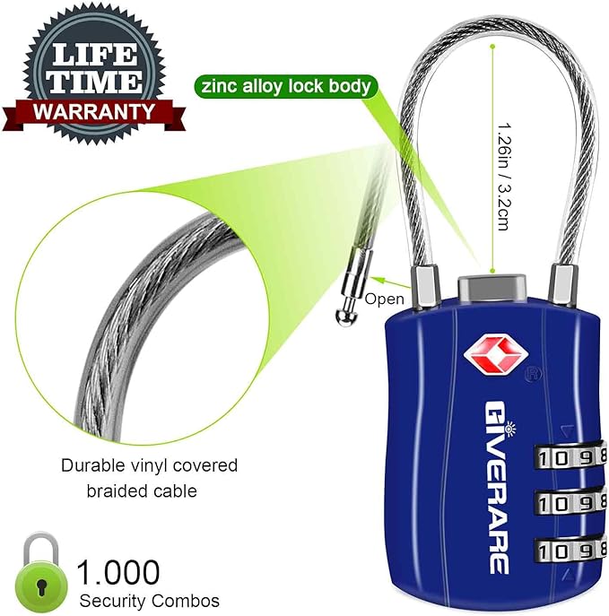 GIVERARE 2 Pack TSA Approved Luggage Locks, Combination Travel Cable Lock, Re-settable 3-Digit Padlocks with Alloy Body, Keyless TSA Padlock for Gym Locker, Golf Bag Case-Blue