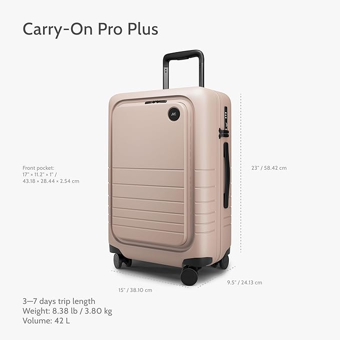 Monos Carry-On Pro Plus Luggage (23"), Hardside Spinner Suitcase with TSA Lock & Front Pocket, Airline Approved, Rose Quartz, Pink