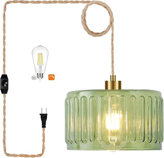 QIYIZM Plug in Pendant Light Hanging Lights with Plug in Cord Boho Hanging Lamp Glass Gold Mid Century Modern Vintage Dimmable Green Flower Plug in Chandelier Ceiling Fixture for Living Room,Kitchen