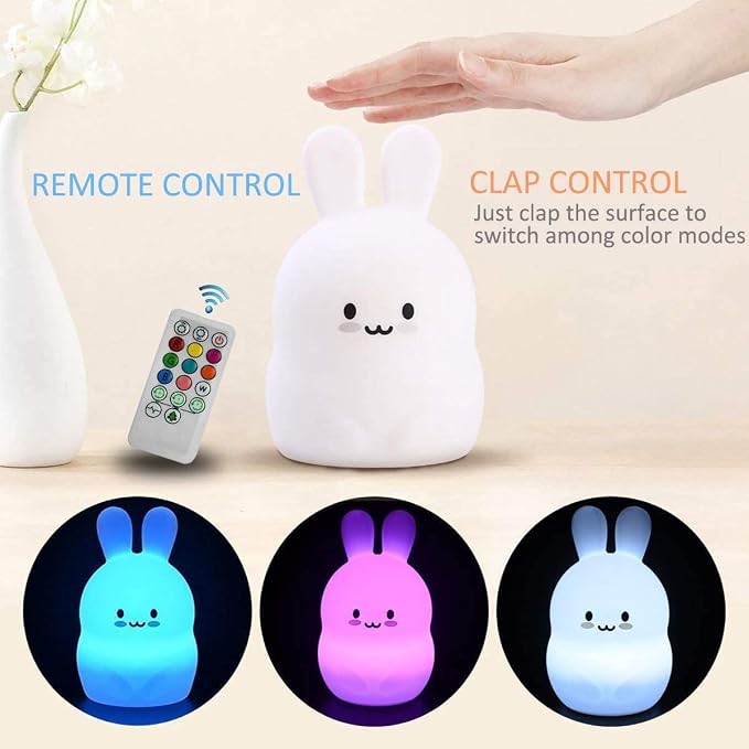 Animal-Shaped Night Light, Rechargeable LED Soft Silicone (BPA Free) Bedside Lamp for Children/Adults, Adjustable Brightness and 9 Colors by Touch Control & Remote Control (Big Rabbit)