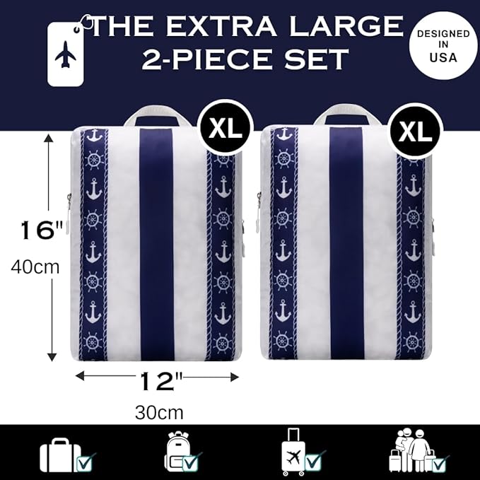 Extra Large Compression Packing Cubes for Checked Luggage, Lightweight Suitcase Organizers & Space Saver Bags - Travel Cubes for Packing - Travel Essentials - 2 Piece Set, X-Large - Cabana Stripe Navy