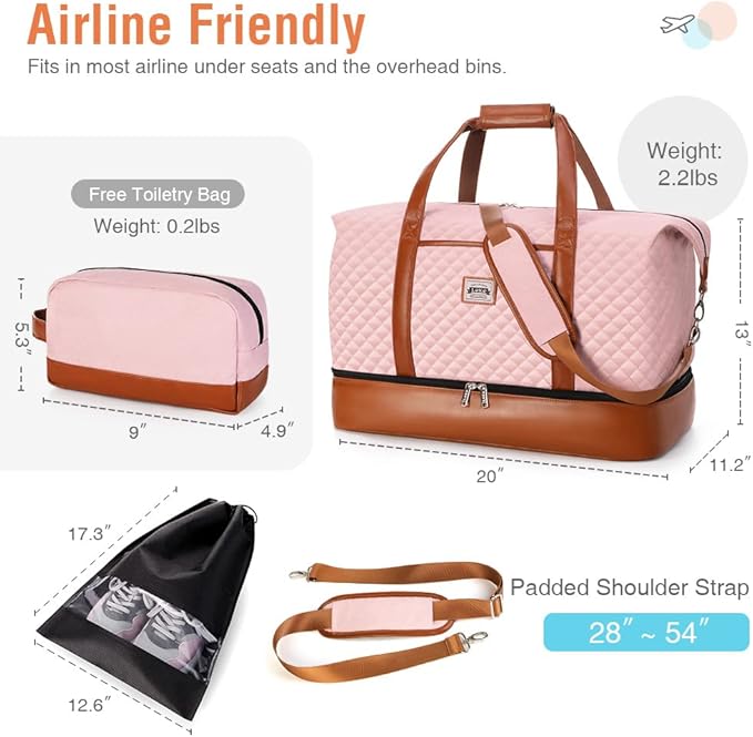 Weekender Bags for Women, Travel Duffle Bag Carry On Travel Bag Overnight Bag with Shoe Compartment Toiletry Bag, Large Weekend Tote Bag Gym Bag Hospital Bag for Labor and Delivery, 50L Quilted Pink