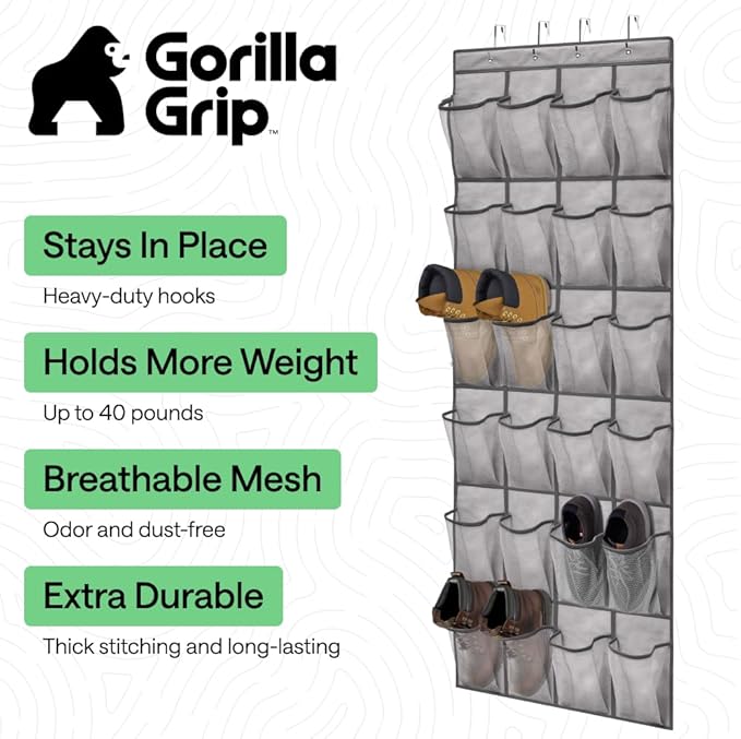 GORILLA GRIP Over the Door Shoe Organizer, 24 Extra Large Breathable Mesh Pockets, Space Saving Hanging Storage Holder, 4 Hook Closet Rack Hanger, Hangs on Closets for Shoes and Accessories, Grey