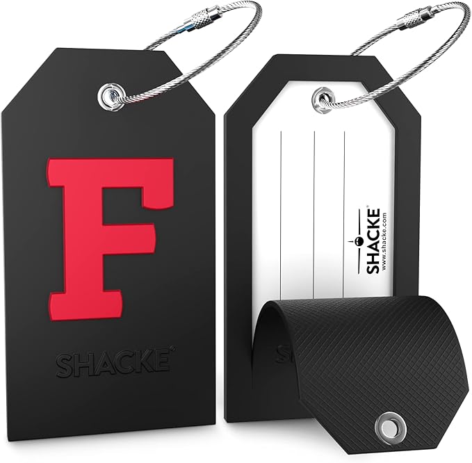 Shacke Initial Luggage Tag with Full Privacy Cover and Stainless Steel Loop - Black (Letter F)