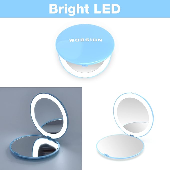 WOBSION Travel Compact Mirror,Portable 1x/10x LED Makeup Mirror with Magnification,Handheld 2-Sided Pocket Mirror, 3.5in Small Mirror for Purse,Handbag,Gifts,Blue
