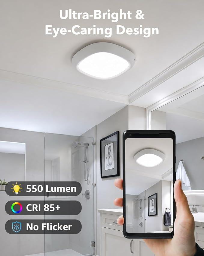 IP54 Waterproof Shower Light, Rechargeable Ceiling Light with Remote | 550LM 12000mAh Battery Operated, No Wiring, Portable, Wireless Motion Sensor Closet Overhead Lights for Garage Hallway Pantry