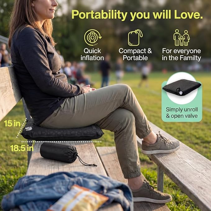 Whispering Winds Inflatable Seat Cushion - Comfortable Blow-up Foam Pad for Airplane, Travel, Stadium, Outdoors, Camping, Car & More
