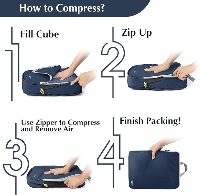 Gonex Compression Packing Cubes, 4pcs Expandable Storage Travel Luggage Bags Organizers (Purplish Blue)