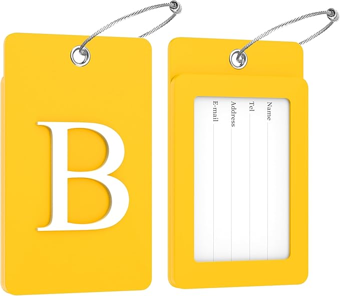 Gostwo 2 Pack Luggage Tags for Suitcases, 26 Initial Letter Travel Luggage Baggage Identification Labels ID Tag Fully Bendable Tags with Stainless Steel Loop (Yellow) (Letter B)
