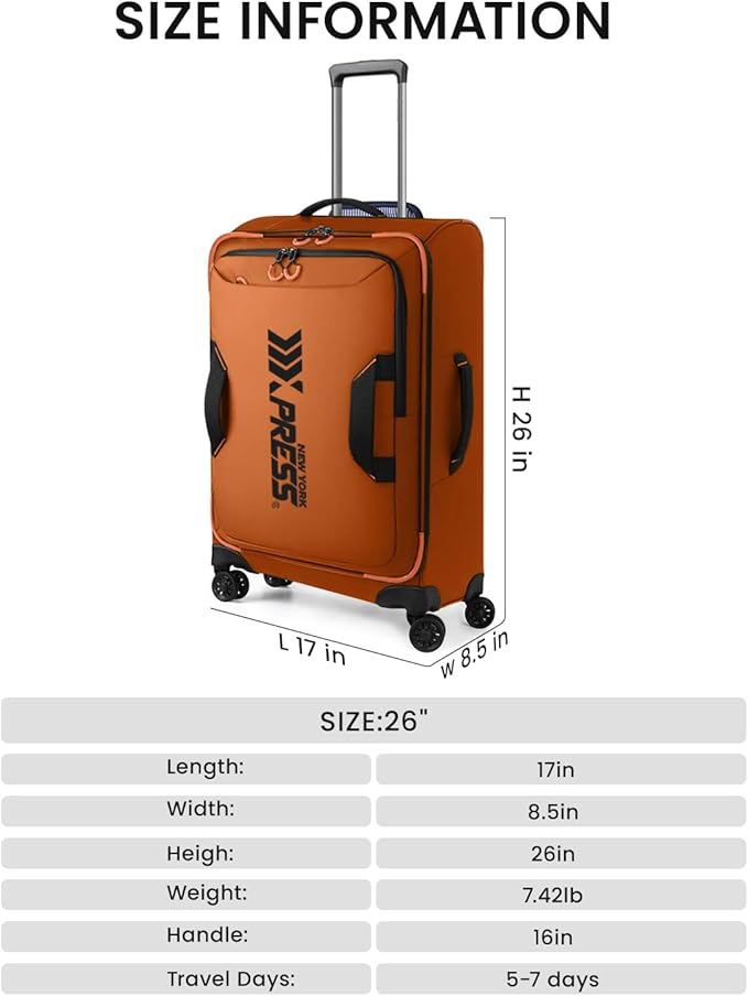 26'' Softside Rolling Luggage with Double Spinner Wheels,Waterproof,Lightweight Travel Suitcase for Men Women（Orange,26in）