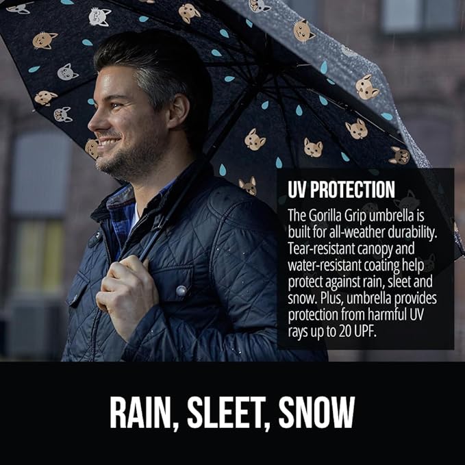 GORILLA GRIP Strong Windproof Stick Compact Umbrella for Rain, One-Click Automatic Open and Close, Durable Quick Dry Waterproof Material, Lightweight and Portable, Travel Size Fits Backpack, Cats Dogs